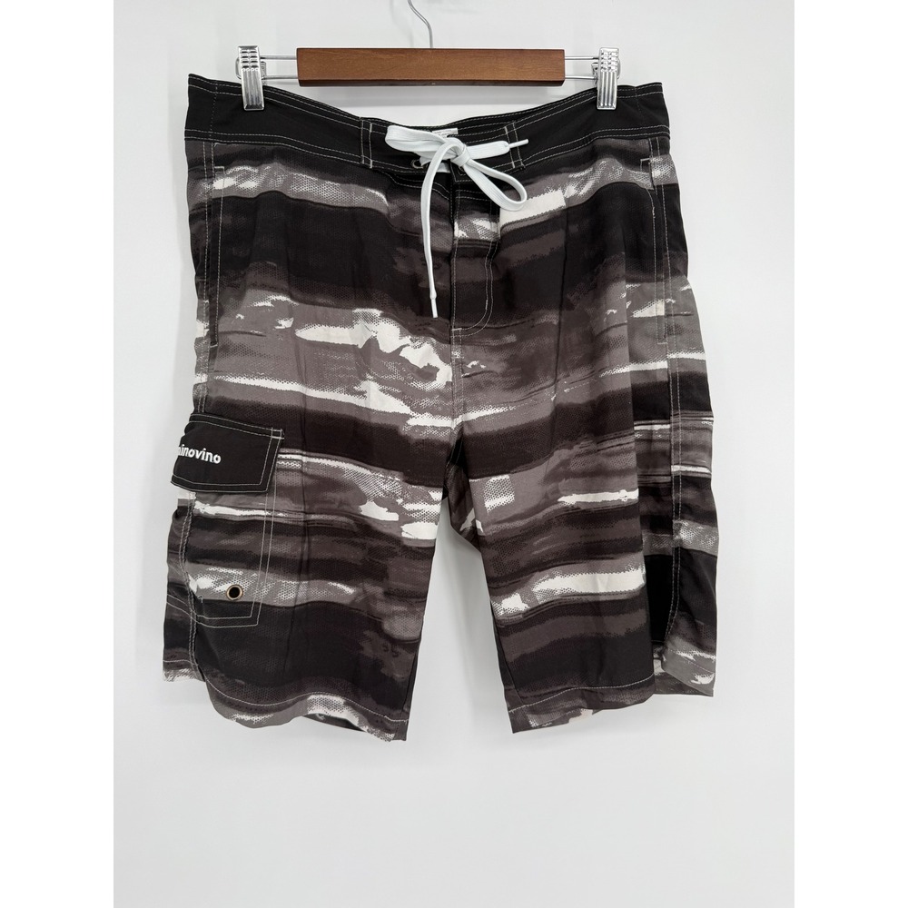 Ninovino Mens Board Shorts Black Gray White Striped Cargo Swim Trunks Sz 34